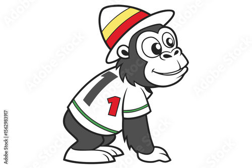 Cartoon ape in jacket and cap is happily walking forward on a white background