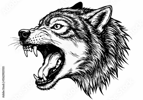 Fierce wolf head with mouth open and teeth bared in a growl
