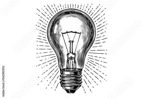 Vintage incandescent light bulb with radiating lines in a classic engraving style