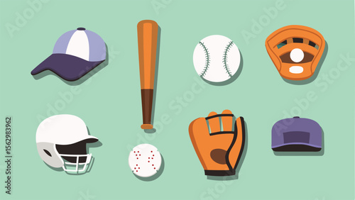 Illustration of baseball equipment including bats, balls, helmets, and mitts on a light green background