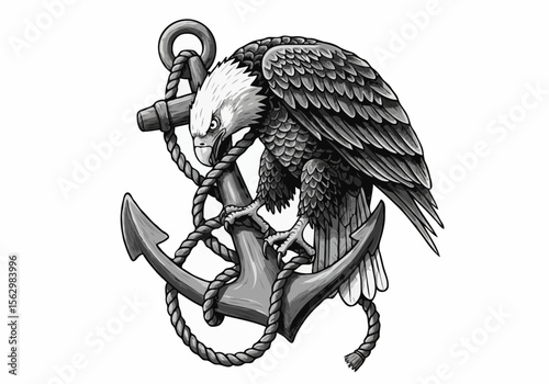 Majestic bald eagle perched on a nautical anchor with thick rope