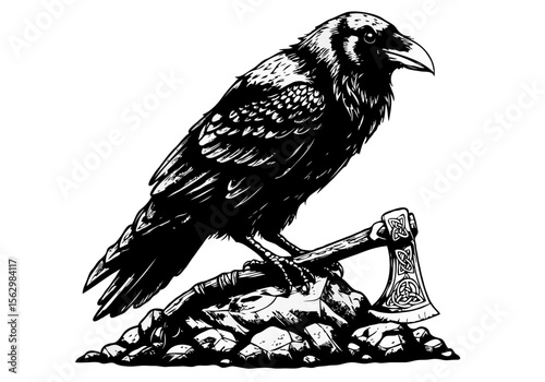 Black raven perched on rocks with a viking axe decorated with celtic knotwork