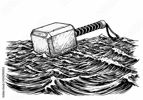 Mjolnir hammer resting in rough ocean waves drawn in black and white