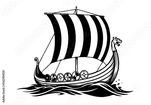 Black and white illustration of a viking longship sailing on the waves