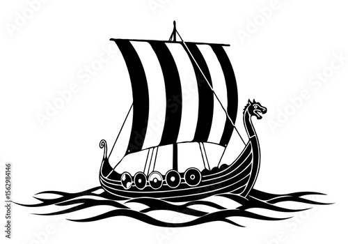 Black and white illustration of a viking longship sailing on wavy water