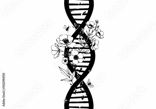 Black and white illustration of a dna helix intertwined with flowers and bees