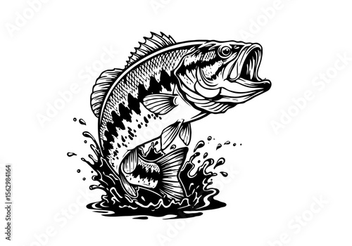 Black and white illustration of a largemouth bass leaping from the water