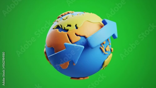Rotating Earth Globe with Arrow on Green Screen Background