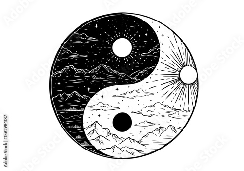 Yin yang symbol with contrasting day and night mountain landscapes