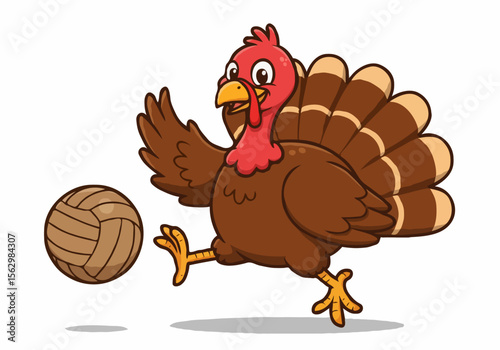Cartoon turkey playing volleyball with a vintage ball on a white background