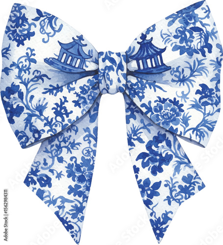 Elegant blue and white porcelain inspired bow, adorned with intricate floral and pagoda designs.