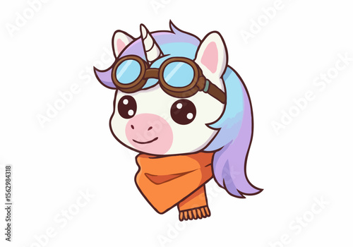 Cute cartoon unicorn wearing aviator goggles and orange scarf