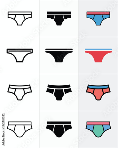 icons show minimal underwear briefs in varied silhouettes and diverse colors