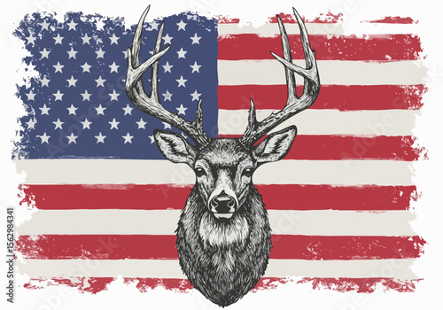 Majestic stag with antlers stands proudly against a distressed american flag