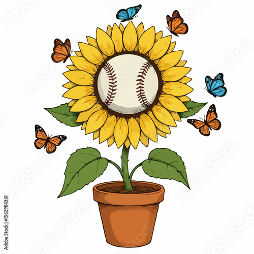Baseball sunflower with butterflies in a pot on white background