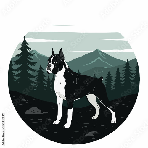 Boston terrier standing proudly in a scenic mountain forest landscape