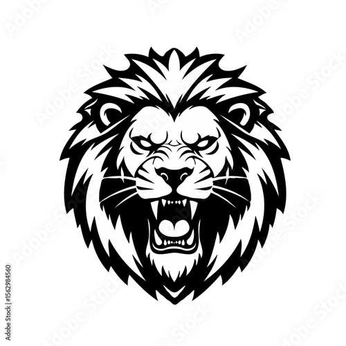 Fierce black and white lion head roaring with sharp teeth and mane