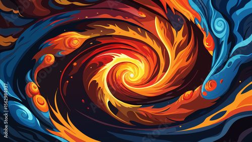 Abstract fractal art swirls with vibrant red and blue, a fiery vortex of light and color creating a captivating, textured pattern