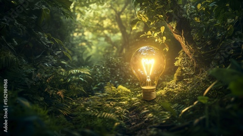 Fototapeta Naklejka Na Ścianę i Meble -  Glowing lightbulb in lush green jungle foliage.