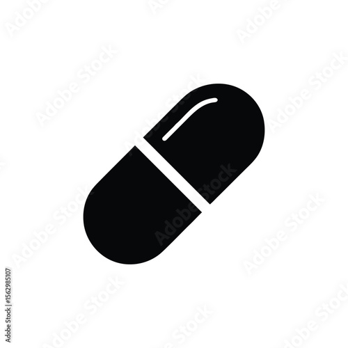 Isolated black capsule with distinctive split showcases medication in a minimalist style, on transparent backdrop