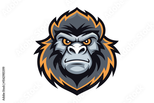 Angry gorilla head is featured with a stern expression in shades of grey and gold