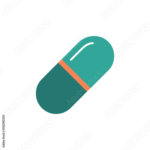 Isolated capsule exhibits turquoise exterior and an orange stripe, presenting on white