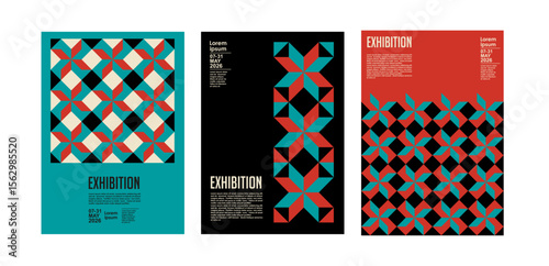 Art exhibition posters with abstract painting design. Vector vertical banners, invitation flyers to museum or gallery with trendy creative background with colorful patern blobs and drawn shapes.