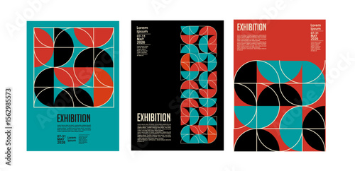 Art exhibition posters with abstract painting design. Vector vertical banners, invitation flyers to museum or gallery with trendy creative background with colorful patern blobs and drawn shapes.