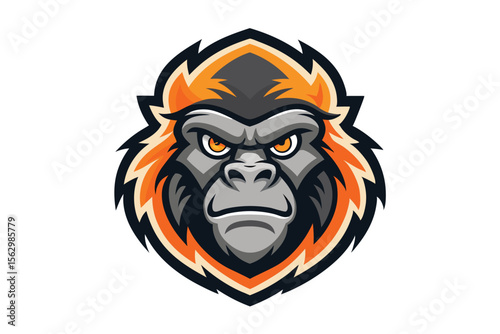 A menacing gorilla stares intensely with piercing eyes, framed by orange and gray stylized fur