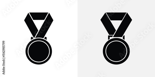 Isolated Medal Icons with Black Ribbons, Minimalist Achievement Symbols on Contrasting White and Light Gray Backgrounds