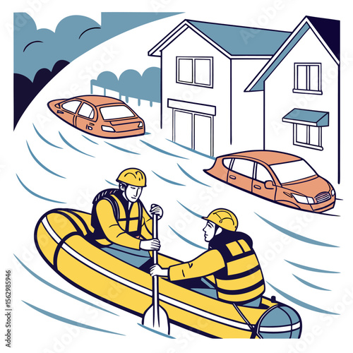 Two rescuers in a yellow raft navigate through a flooded neighborhood with submerged cars and houses during a natural disaster emergency