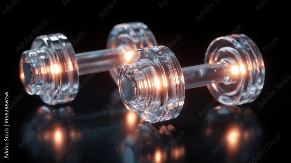 Obraz premium Elegant dumbbells glowing with warm light, perfect for a modern gym aesthetic