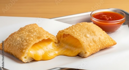 A halved fried cheese pastry with melted cheese and a side of dipping sauce