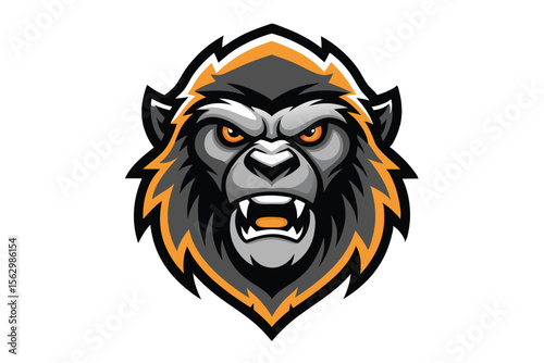 An intimidating gray gorilla with fierce orange eyes bares its teeth aggressively