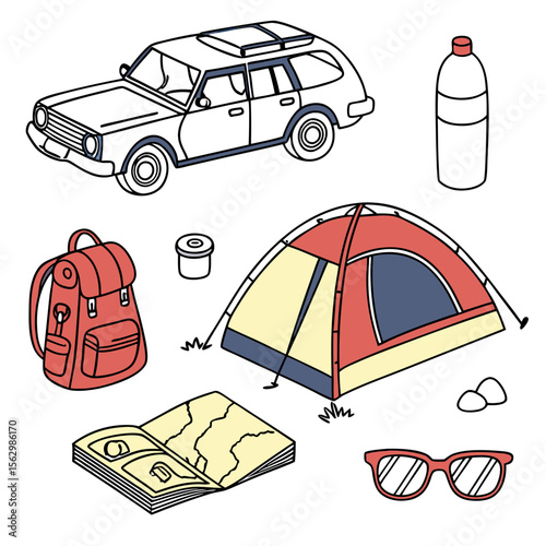 Collection of outdoor adventure gear including a car tent backpack water bottle map sunglasses and camping container on a white background