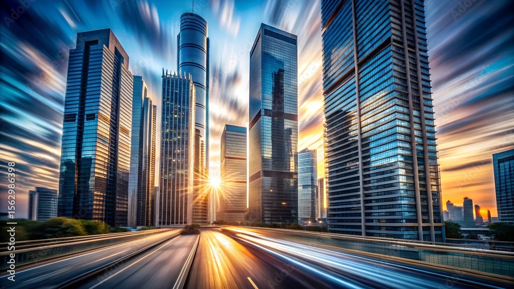 Fototapeta premium A dynamic view of a city skyline at sunset with fast moving traffic