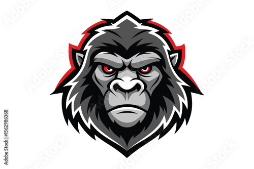 A stylized gorilla face with piercing red eyes stares intensely from a white backdrop