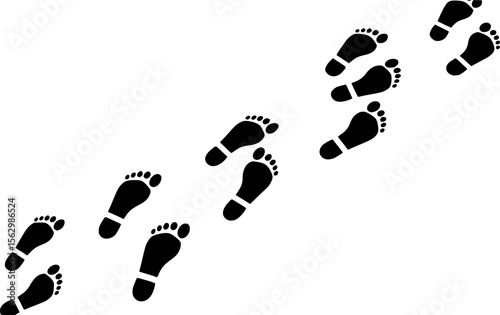 a series of footprints, white background, black footprints