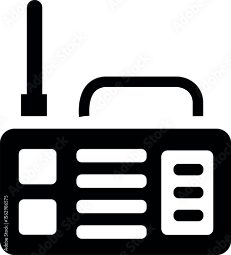 A black radio icon with an antenna and handle isolated on white background, radio icon