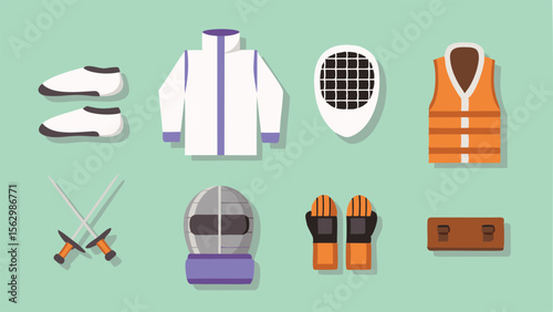 A collection of fencing equipment including swords mask and protective clothing on a light green background