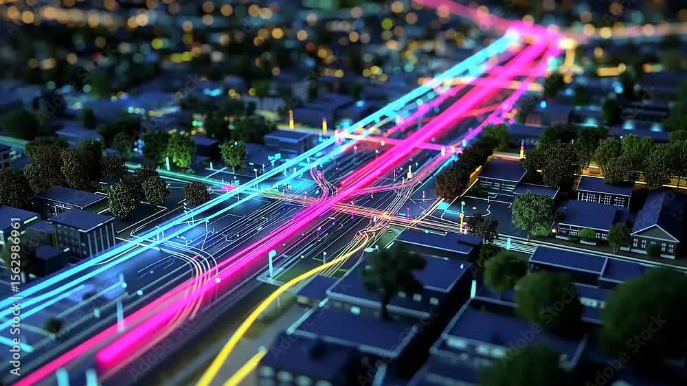 Aerial view of a vibrant city intersection at night with colorful light trails and urban scenery