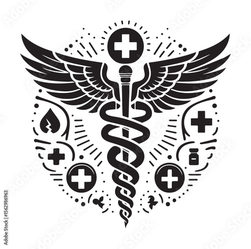 Caduceus health silhouette Vector Isolated Vector Illustration Medicine logo. Healthcare