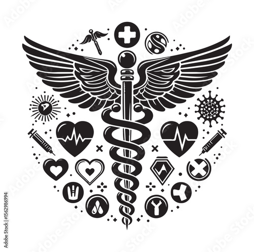Caduceus health silhouette Vector Isolated Vector Illustration Medicine logo. Healthcare