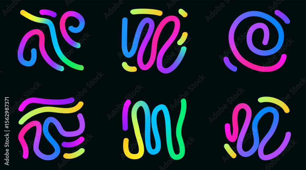 Colorful gradient whimsical abstract shapes set. Wavy squiggles figures collection. Decorative doodles. Iridescent curved geometric confetti. Vector gradations irregular strokes. Colorful gradient whimsical abstract shapes set. Wavy squiggles figures collection. Decorative doodles. Iridescent curved geometric confetti. Vector gradations irregular strokes.