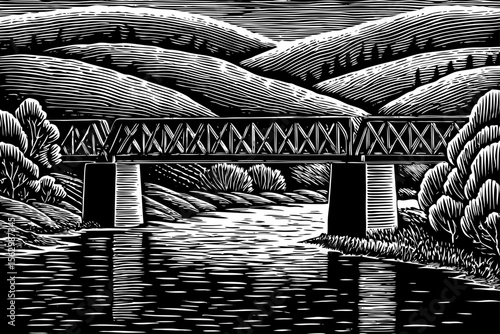 bridge over a calm river surrounded by hills, great for landscape art, peaceful branding or travel posters a black and white line art illustration