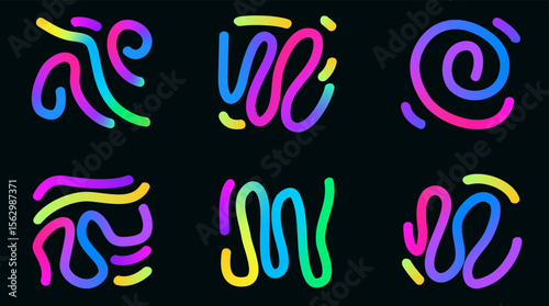 Colorful gradient whimsical abstract shapes set. Wavy squiggles figures collection. Decorative doodles. Iridescent curved geometric confetti. Vector gradations irregular strokes.