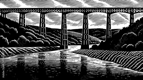 bridge over a calm river surrounded by hills, great for landscape art, peaceful branding or travel posters a black and white line art illustration