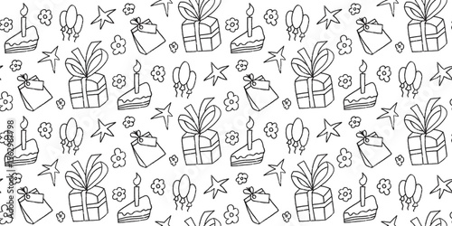 Birthday party marker scribble seamless pattern. Festive doodle endless background. Hand drawn kids black and white repeat cover. Surface pattern design b-day motif. Vector hand drawn illustration.