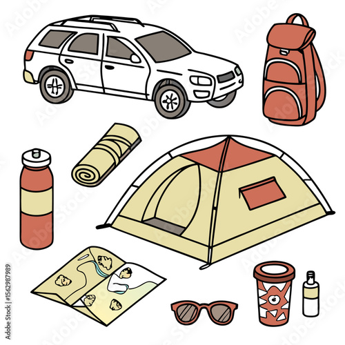 Collection of camping and travel essentials including a car tent backpack water bottle rolled sleeping mat map sunglasses and a patterned cup