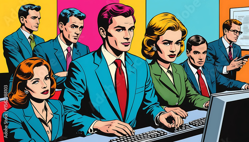 Mid-Century Modern Business Team Working on Computers, Pop Art Style Illustration